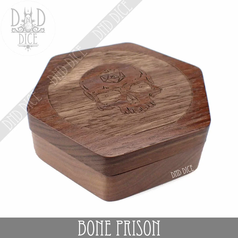 Bone Prison walnut hexagon dice vault, from The Eldritch Archive dice storage collection