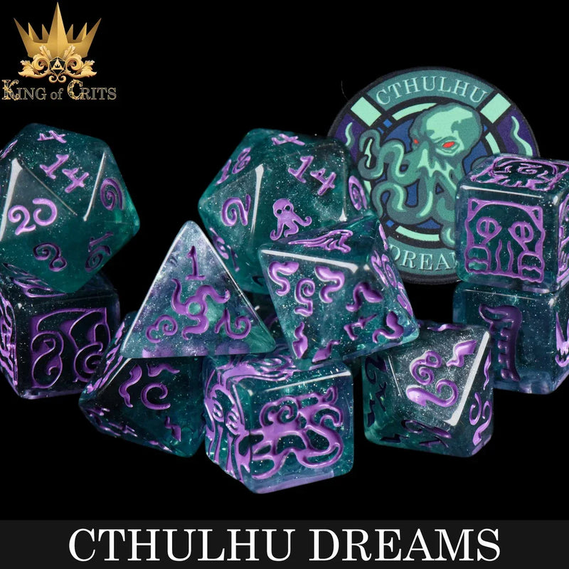 Cthulhu Dreams teal and purple resin dice set from The Eldritch Archive dice collection