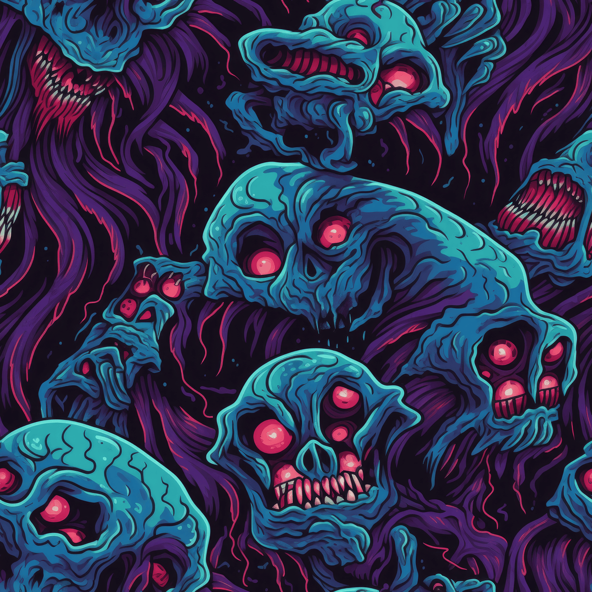Teal skulls with glowing red eyes in purple flames, The Eldritch Archive accessories collection art
