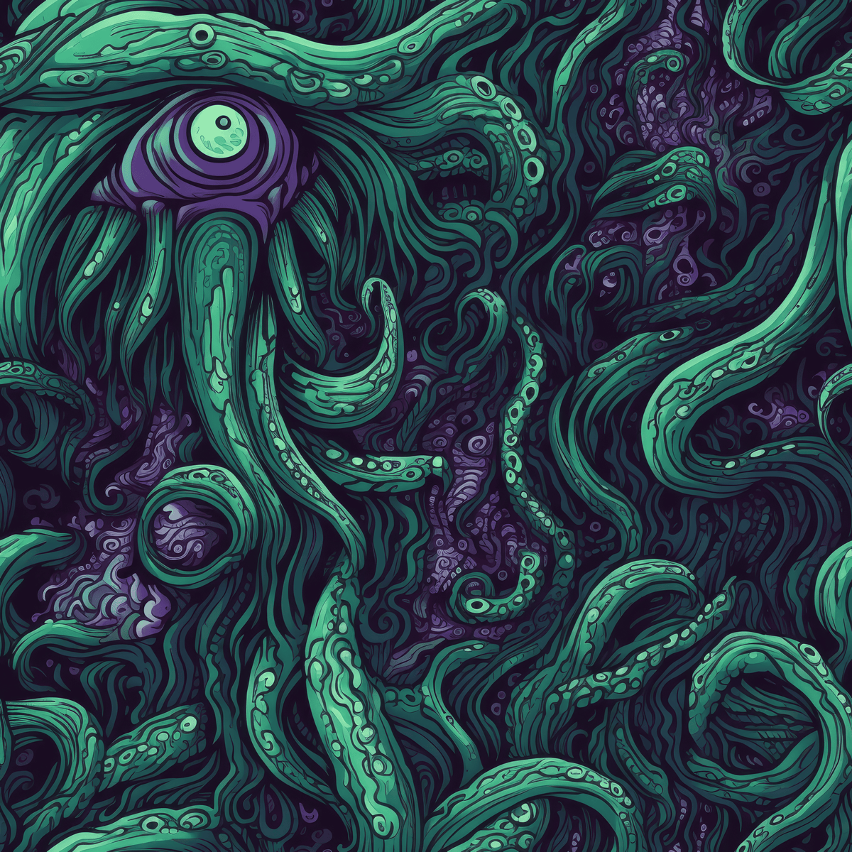 Teal tentacles and a single glowing eye in a cosmic horror pattern, The Eldritch Archive apparel collection art
