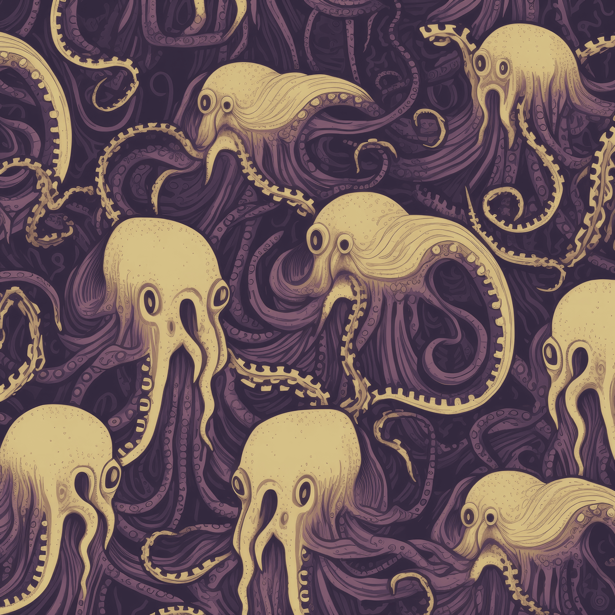 Pale octopus creatures with coiling tentacles on deep purple, The Eldritch Archive tabletop collection art