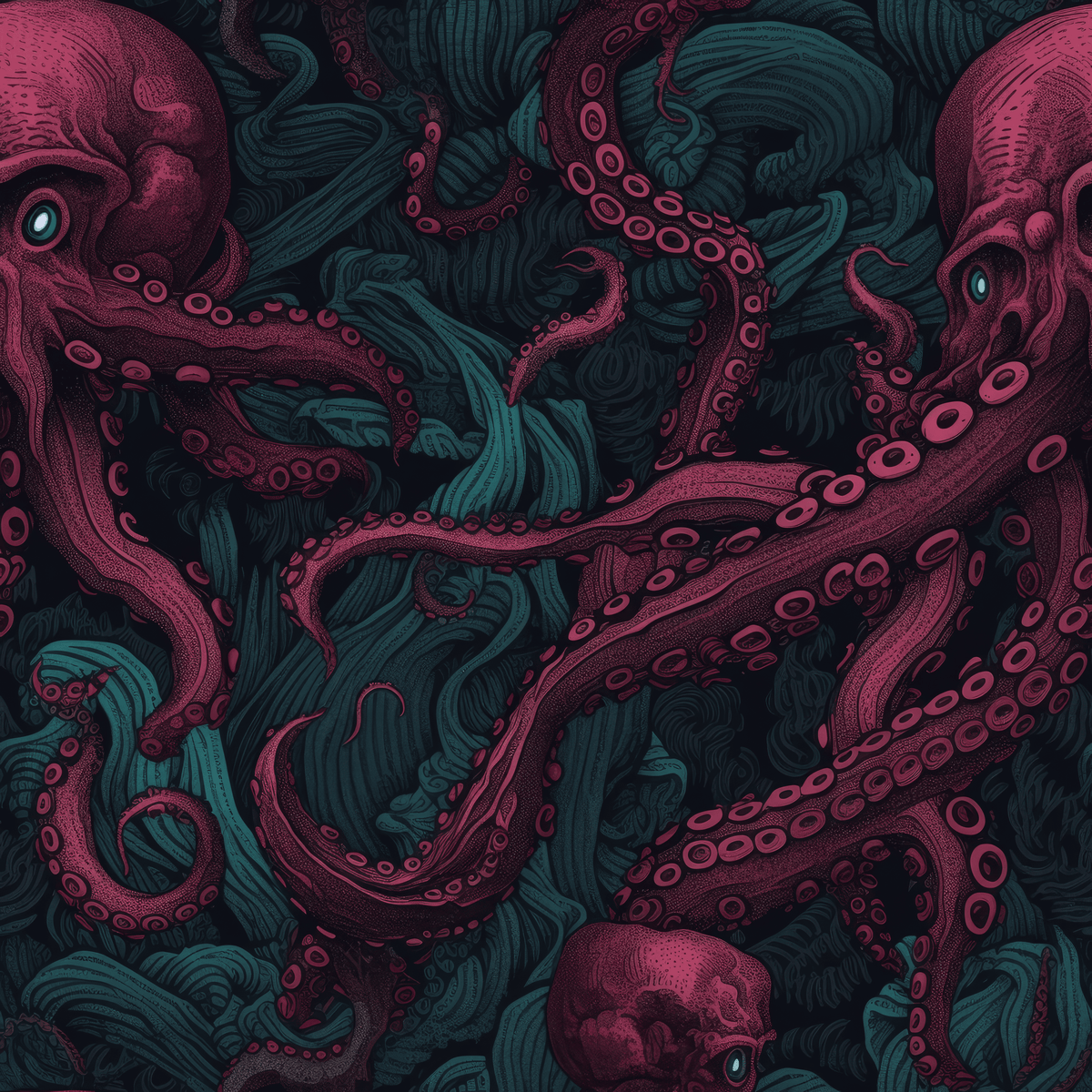 Crimson octopus tentacles over dark teal waves, The Eldritch Archive collectibles collection art