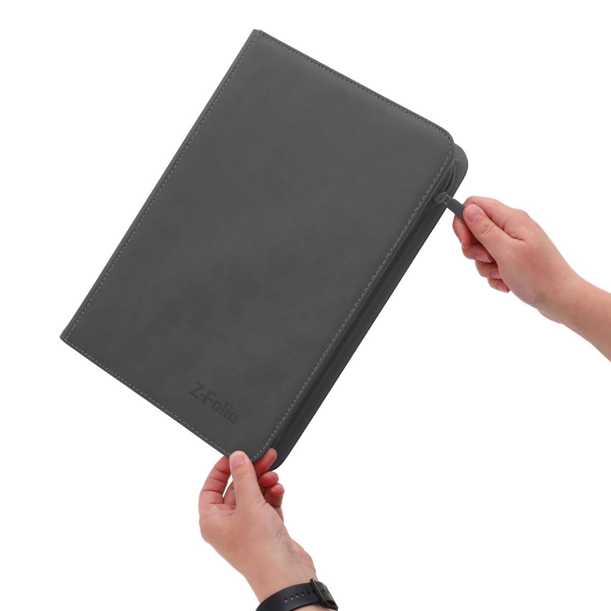 Z-Folio 9-Pocket Zippered Card Album - Gray – zipper detail in hand