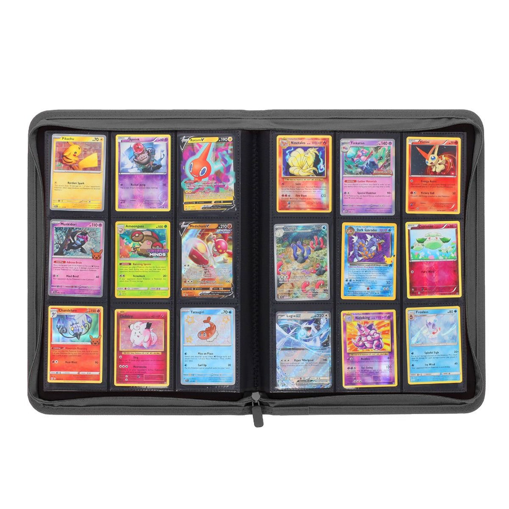 Z-Folio 9-Pocket Zippered Card Album - Gray – open and filled with cards