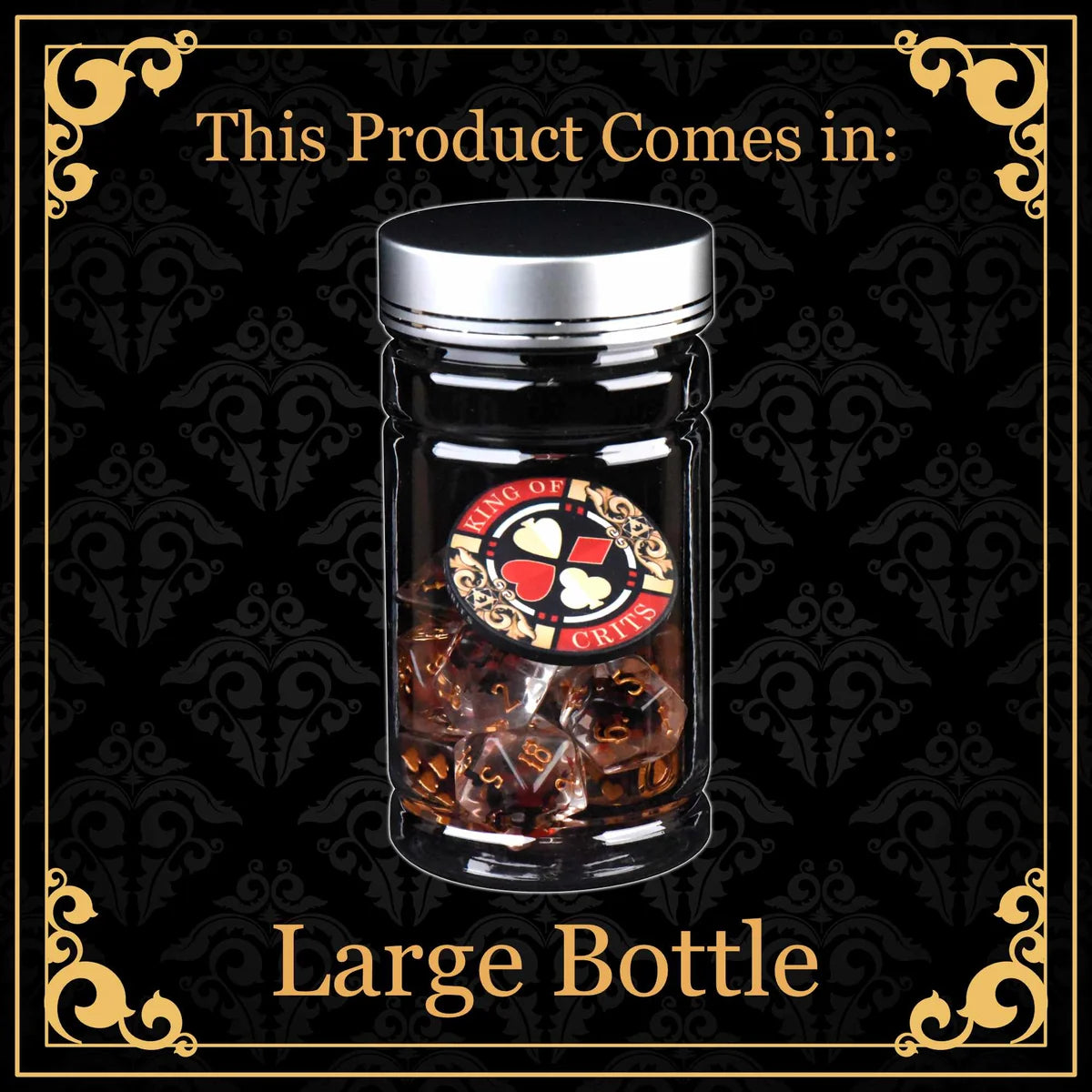 Vampiric Bloodline dice set in its collector storage bottle packaging