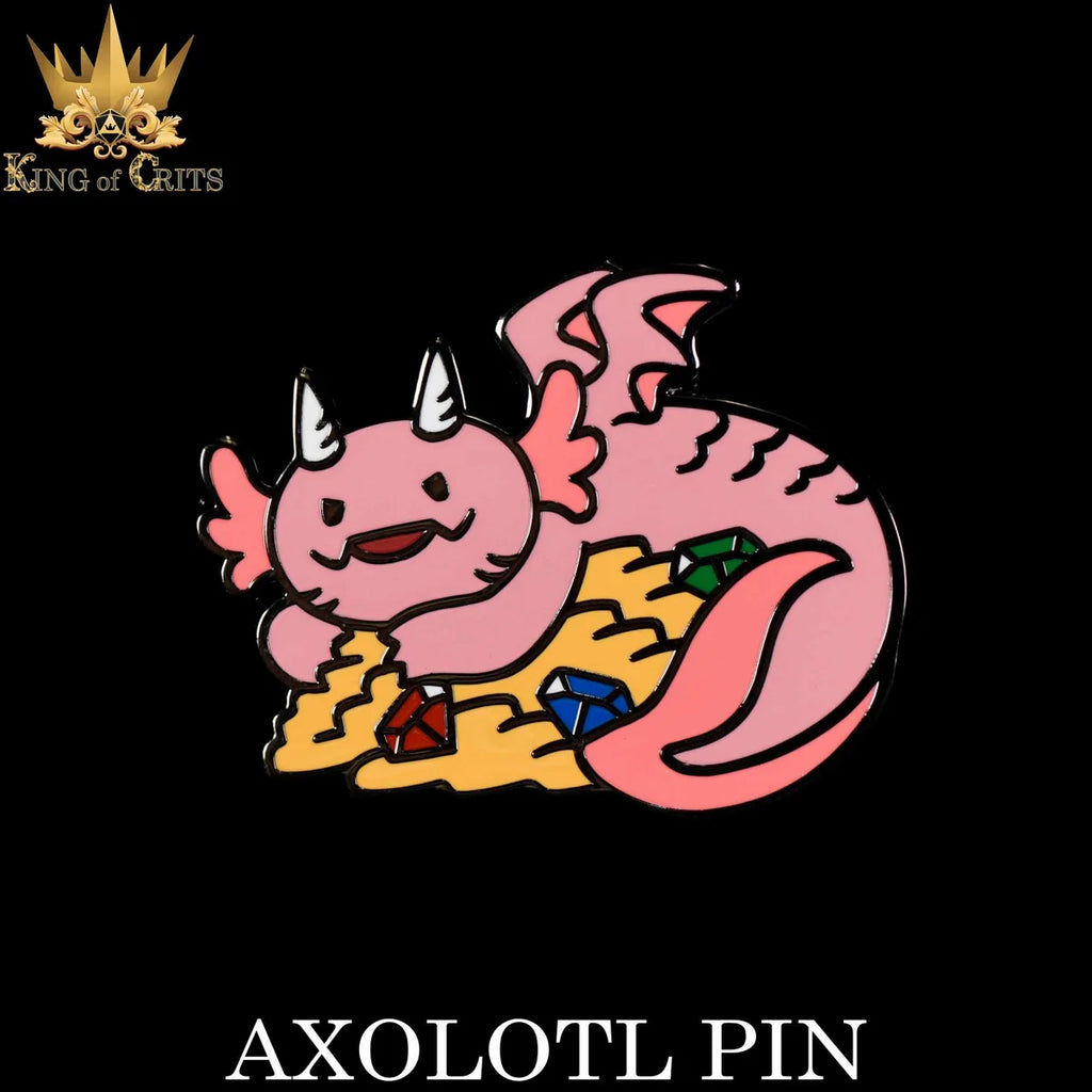 Axolotl enamel pin: a pink winged axolotl on a hoard of gold coins and gems