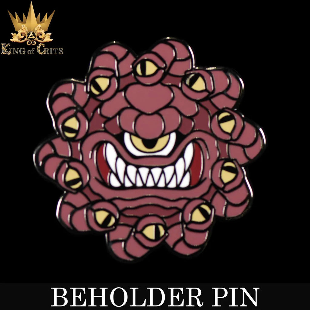 Crimson eye-monster enamel pin with a central eye, jagged teeth and multiple eyestalks