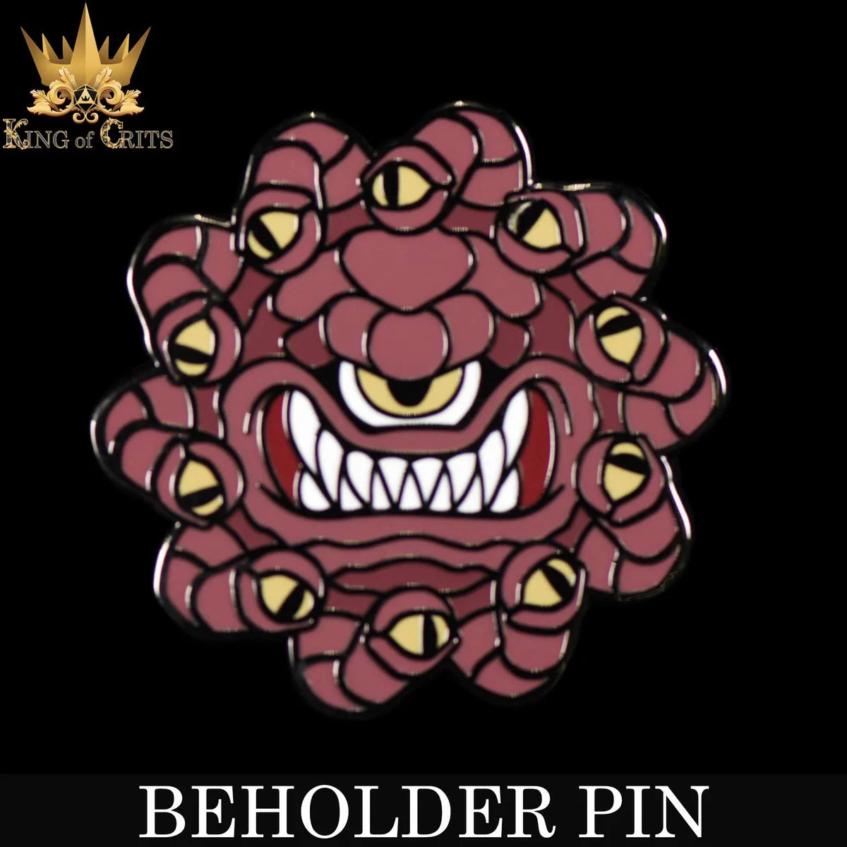 Crimson eye-monster enamel pin with a central eye, jagged teeth and multiple eyestalks