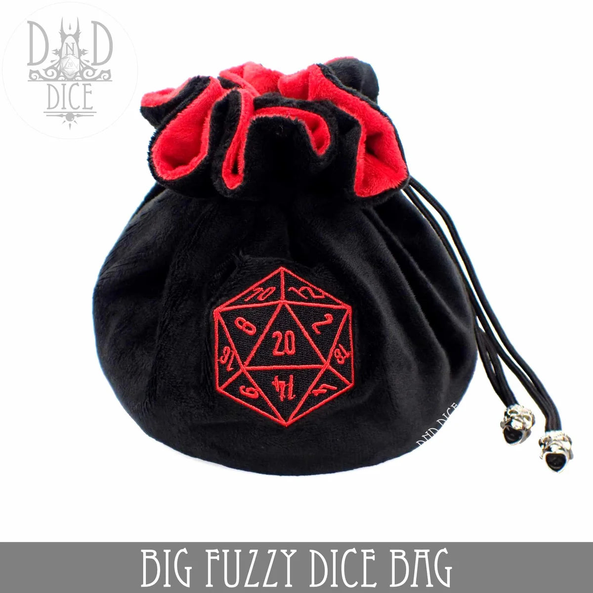 Black big fuzzy multi-pocket dice bag with drawstring closure
