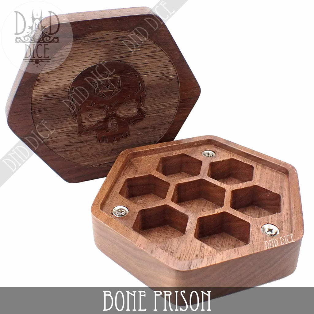 Bone Prison walnut wood hexagon dice vault, second view