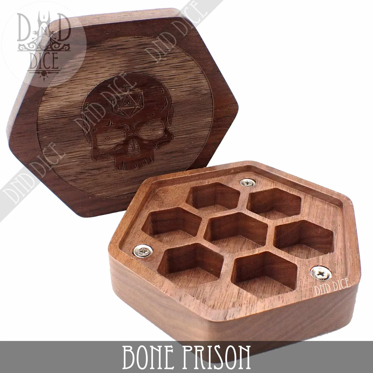 Bone Prison walnut wood hexagon dice vault, second view