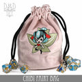 Pink flannel drawstring dice bag embroidered with a chibi fairy, surrounded by blue and gold resin dice