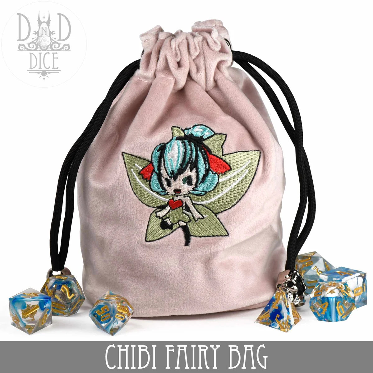 Pink flannel drawstring dice bag embroidered with a chibi fairy, surrounded by blue and gold resin dice