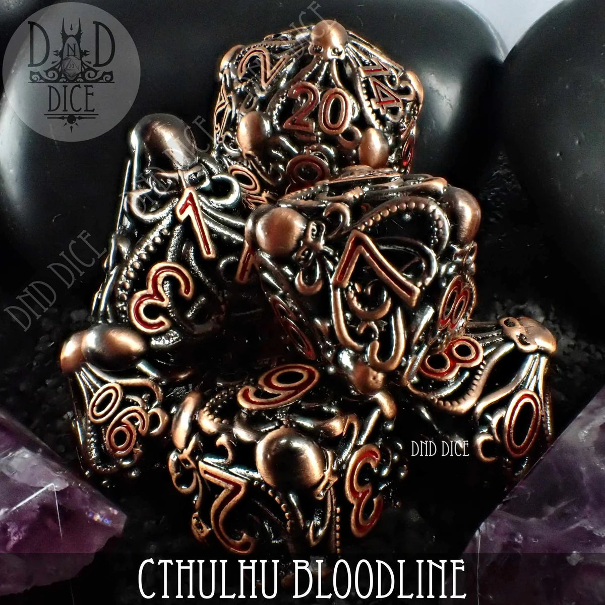 Cthulhu Bloodline metal RPG dice set with intricate cosmic horror tentacle detailing and bold numeric faces