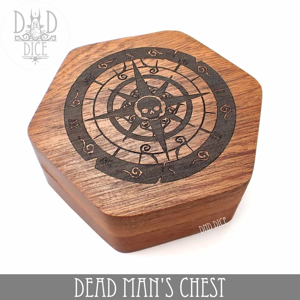 Dead Man's Chest hexagonal Sapele wood dice vault with an engraved nautical skull compass lid