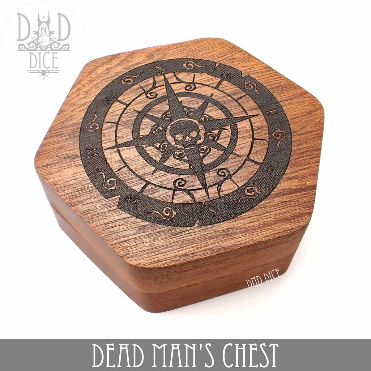 Dead Man's Chest hexagonal Sapele wood dice vault with an engraved nautical skull compass lid