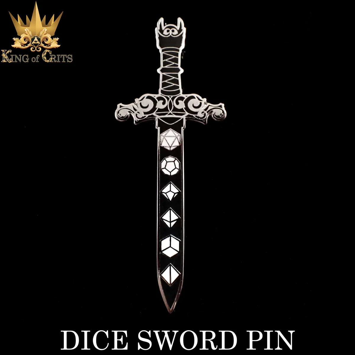 Dice Sword enamel pin: a fantasy sword with a blade made of polyhedral dice from D20 to D4
