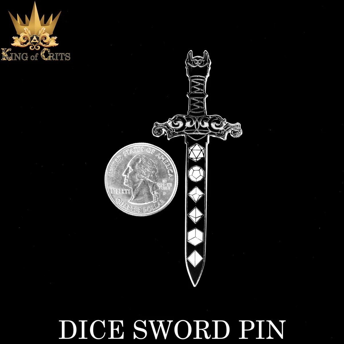 Dice Sword polyhedral tabletop RPG enamel pin – view 2