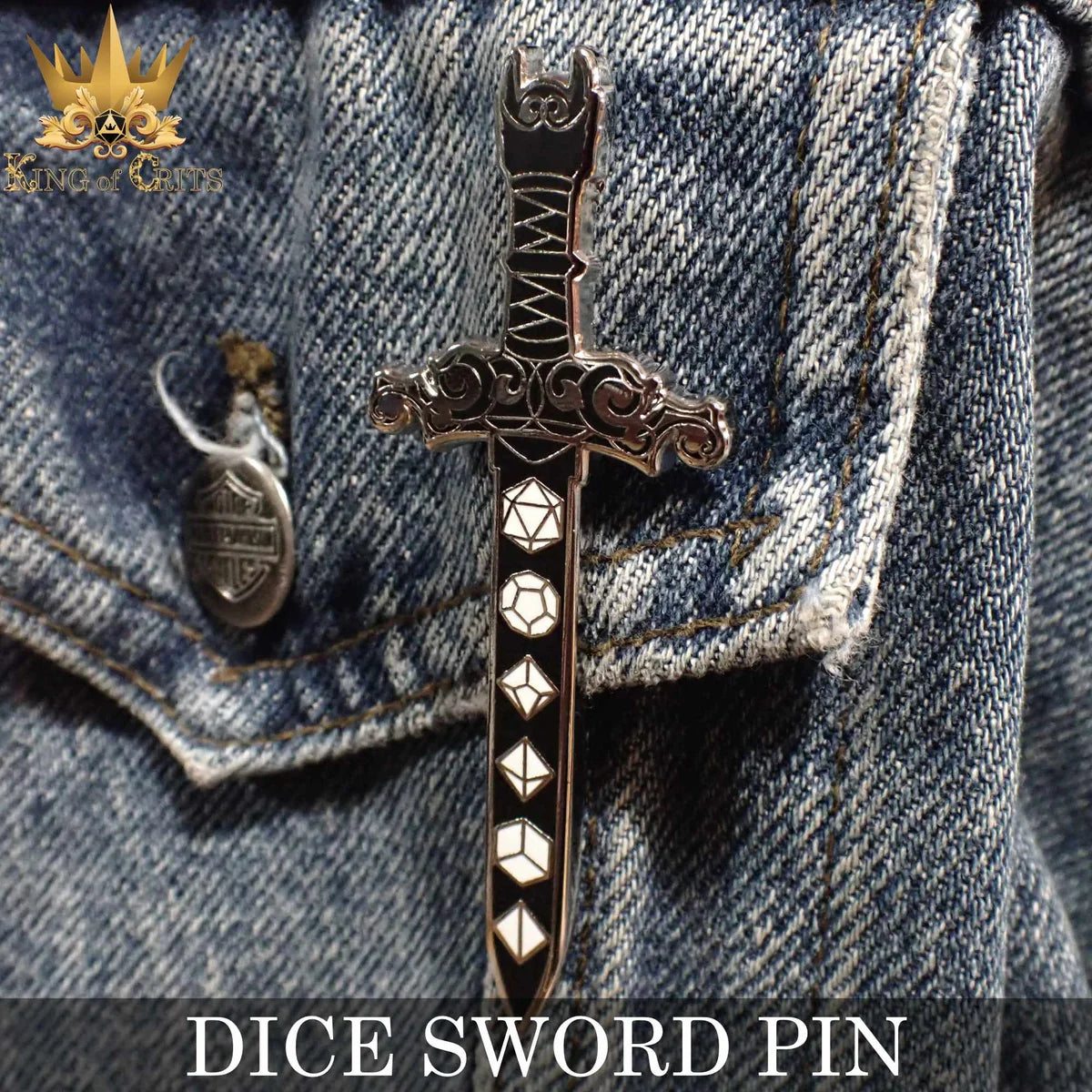 Dice Sword polyhedral tabletop RPG enamel pin – view 4
