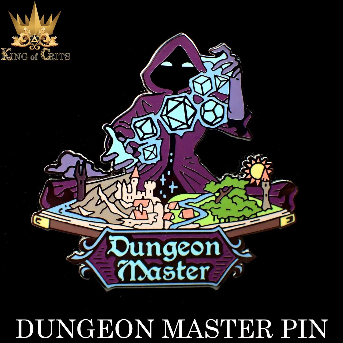 Game master enamel pin: a cloaked figure guiding glowing dice over a miniature fantasy world