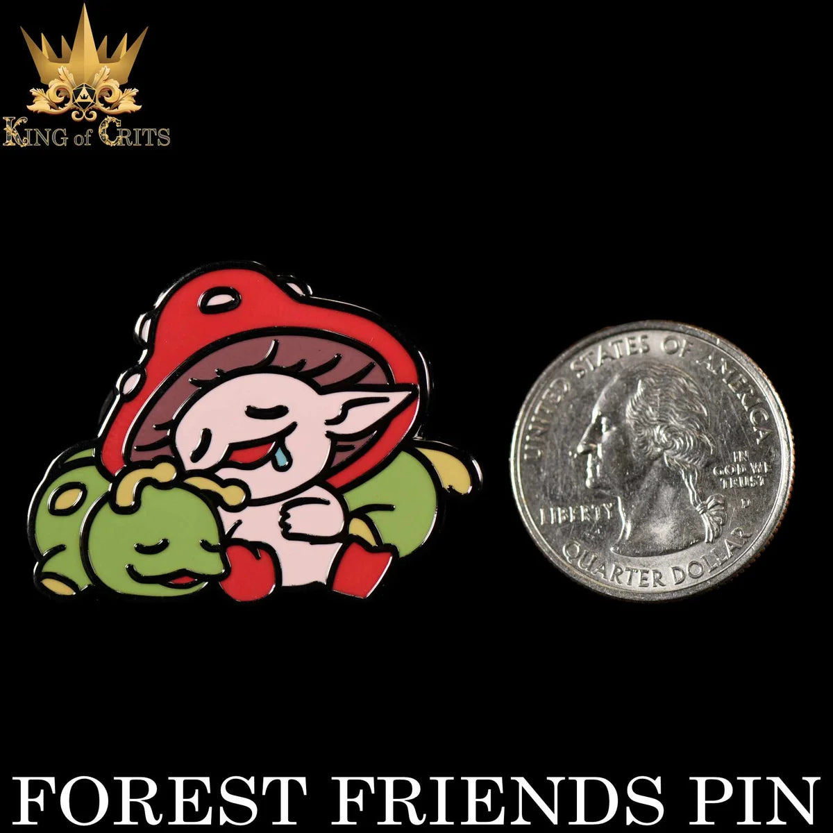 Forest Friends cute mushroom & frog tabletop enamel pin – view 2