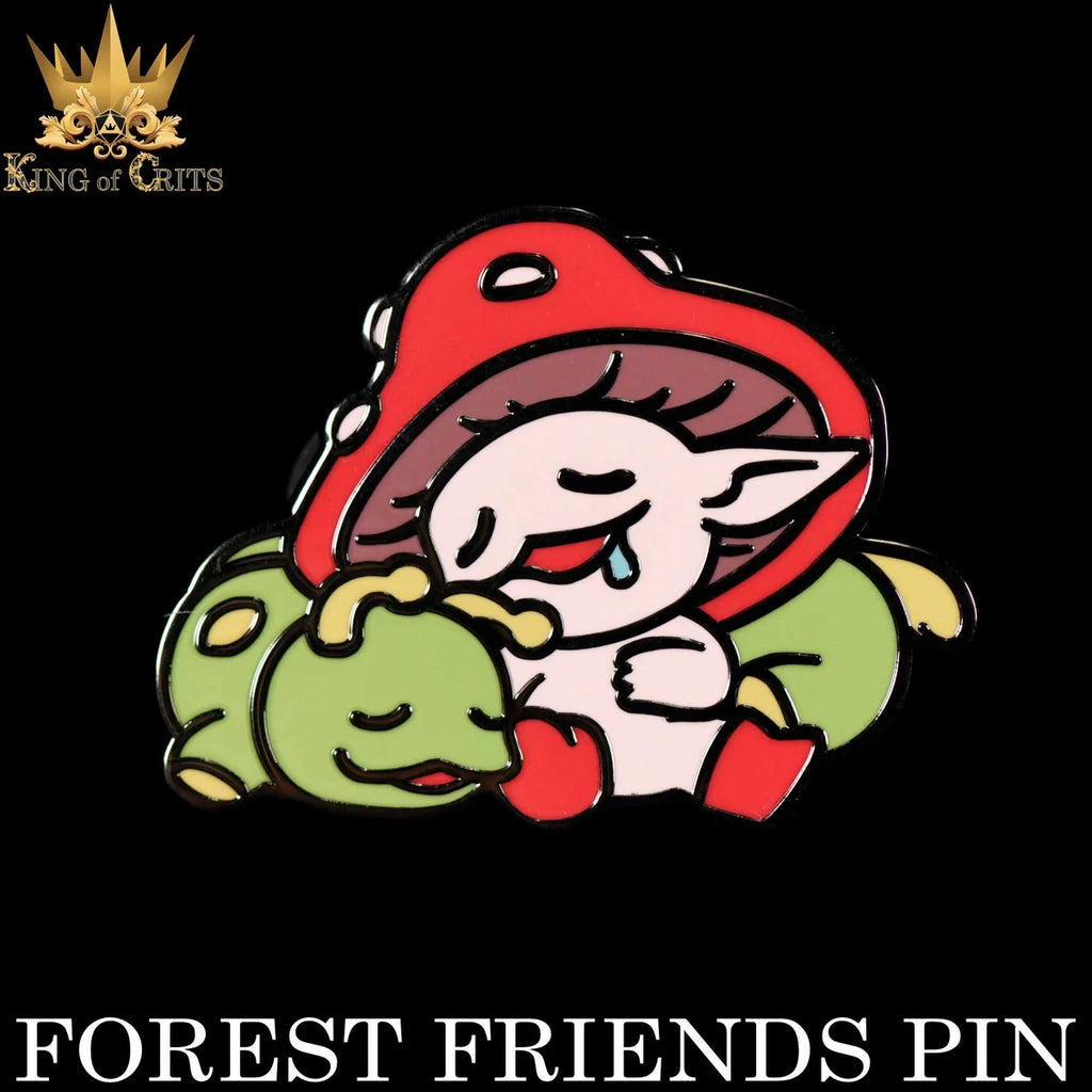 Forest Friends enamel pin: a sleeping mushroom sprite cuddling a green frog