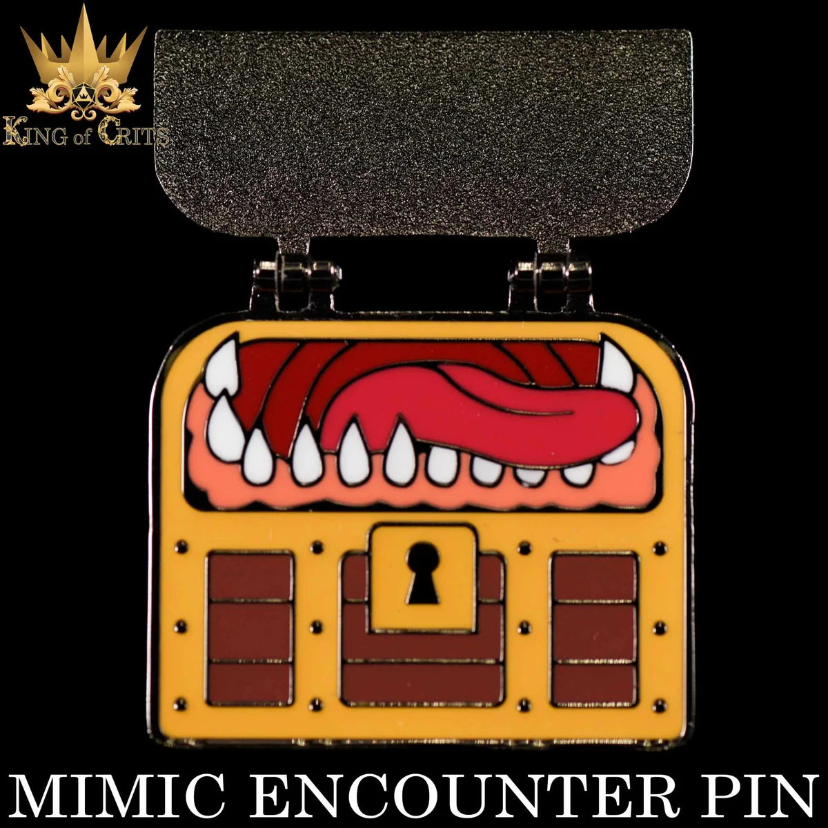 Mimic Encounter hinged treasure chest enamel pin that opens to reveal a toothy mimic inside