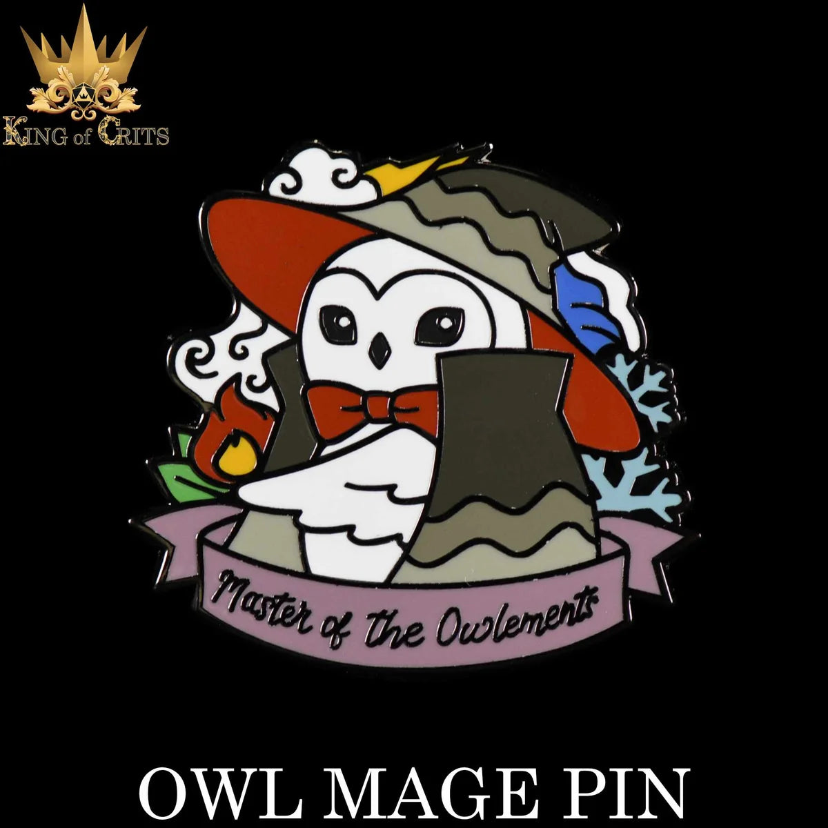 Owl Mage enamel pin: a white owl in a wizard hat casting magic above a Master of the Owlements banner