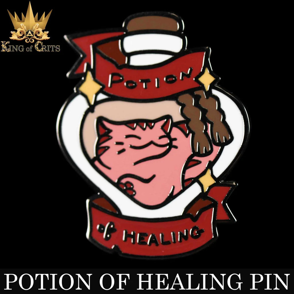 Potion of Healing enamel pin: a pink cat squished inside a corked flask with a red banner
