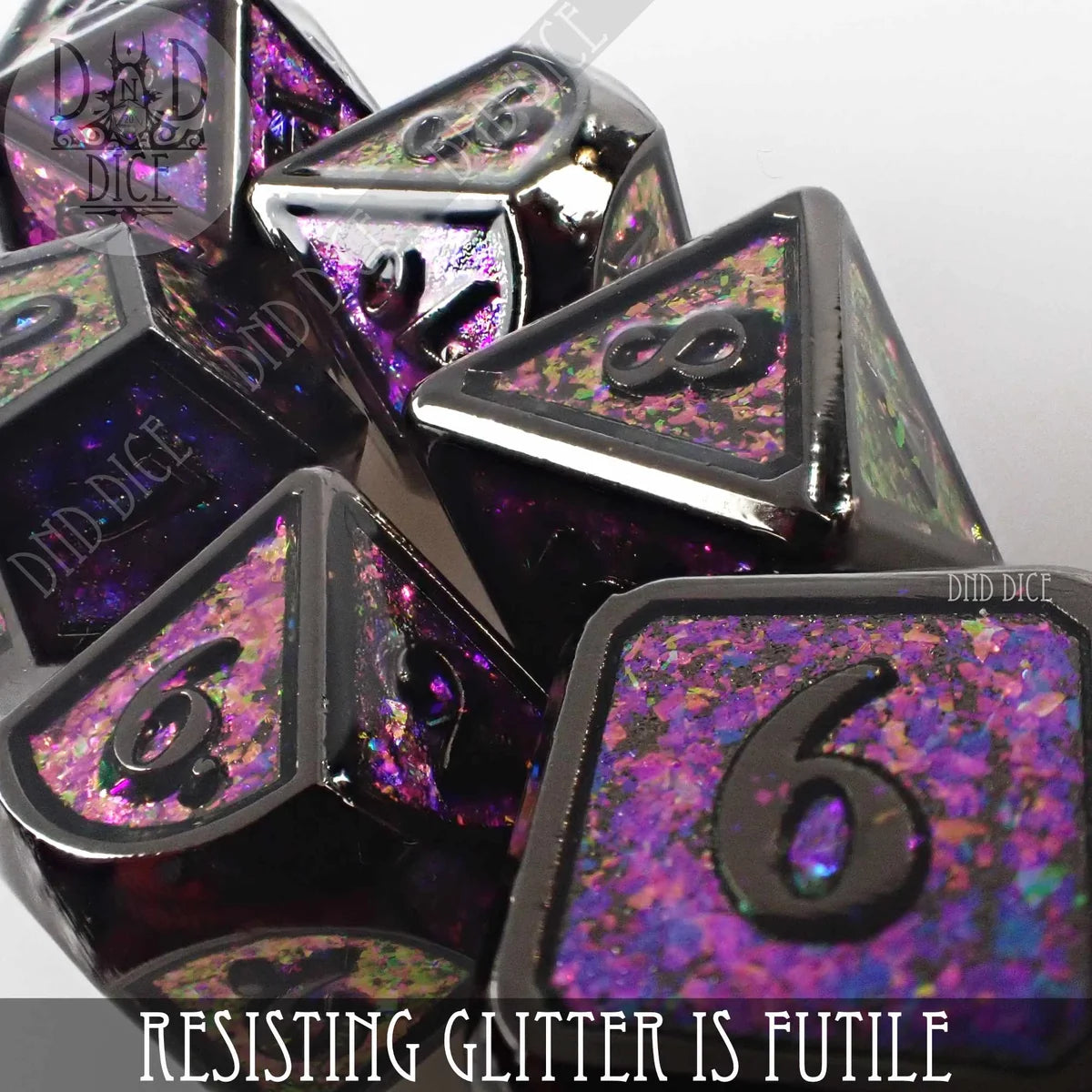 Resisting Glitter is Futile purple glitter metal RPG dice set (7-piece) – view 2