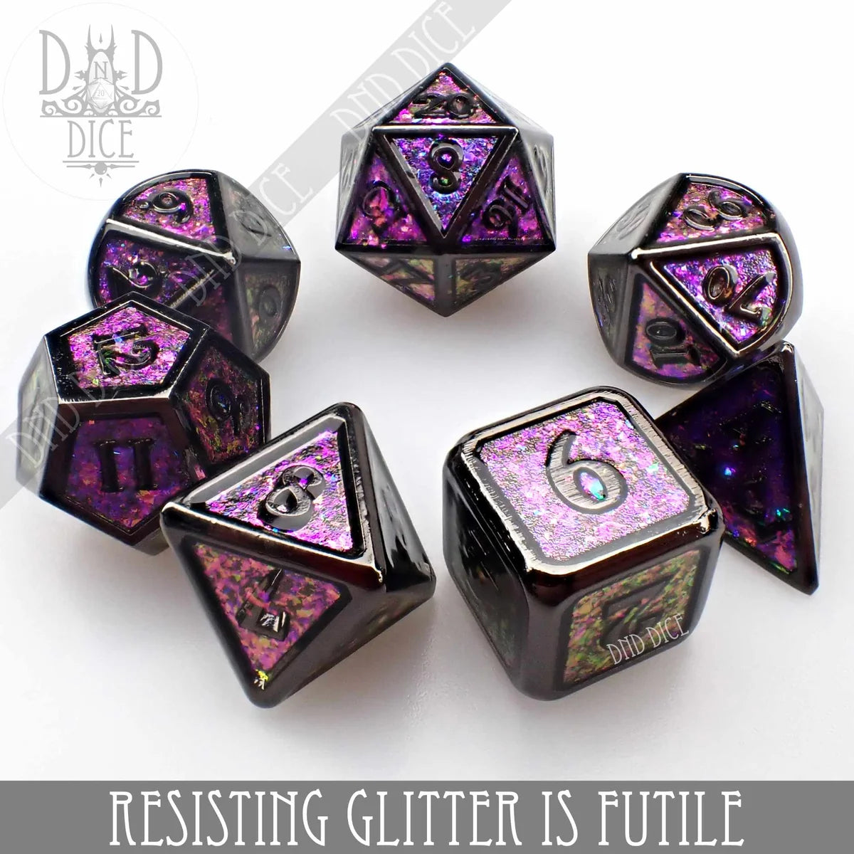 Resisting Glitter is Futile purple glitter metal RPG dice set (7-piece) – view 3
