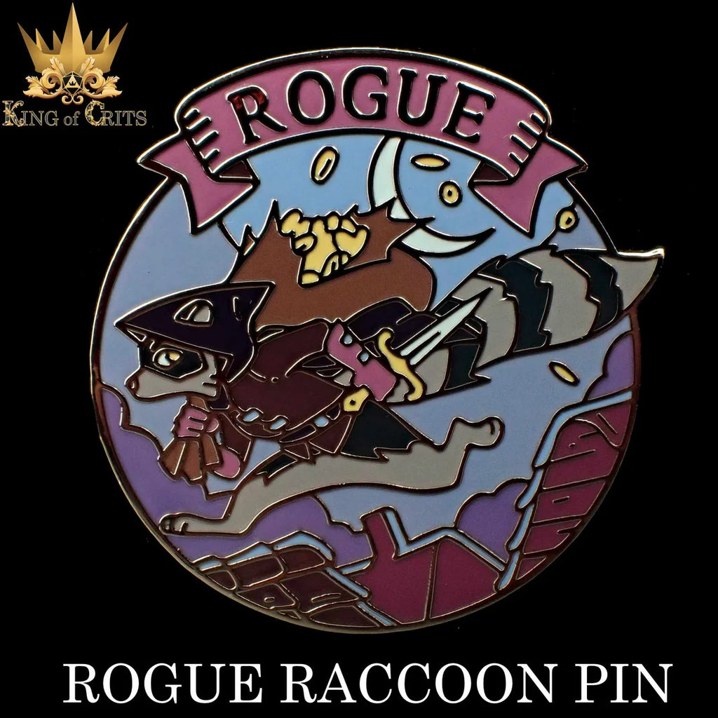 Rogue Raccoon enamel pin: a raccoon in a thief's cowl holding a dagger under a Rogue banner