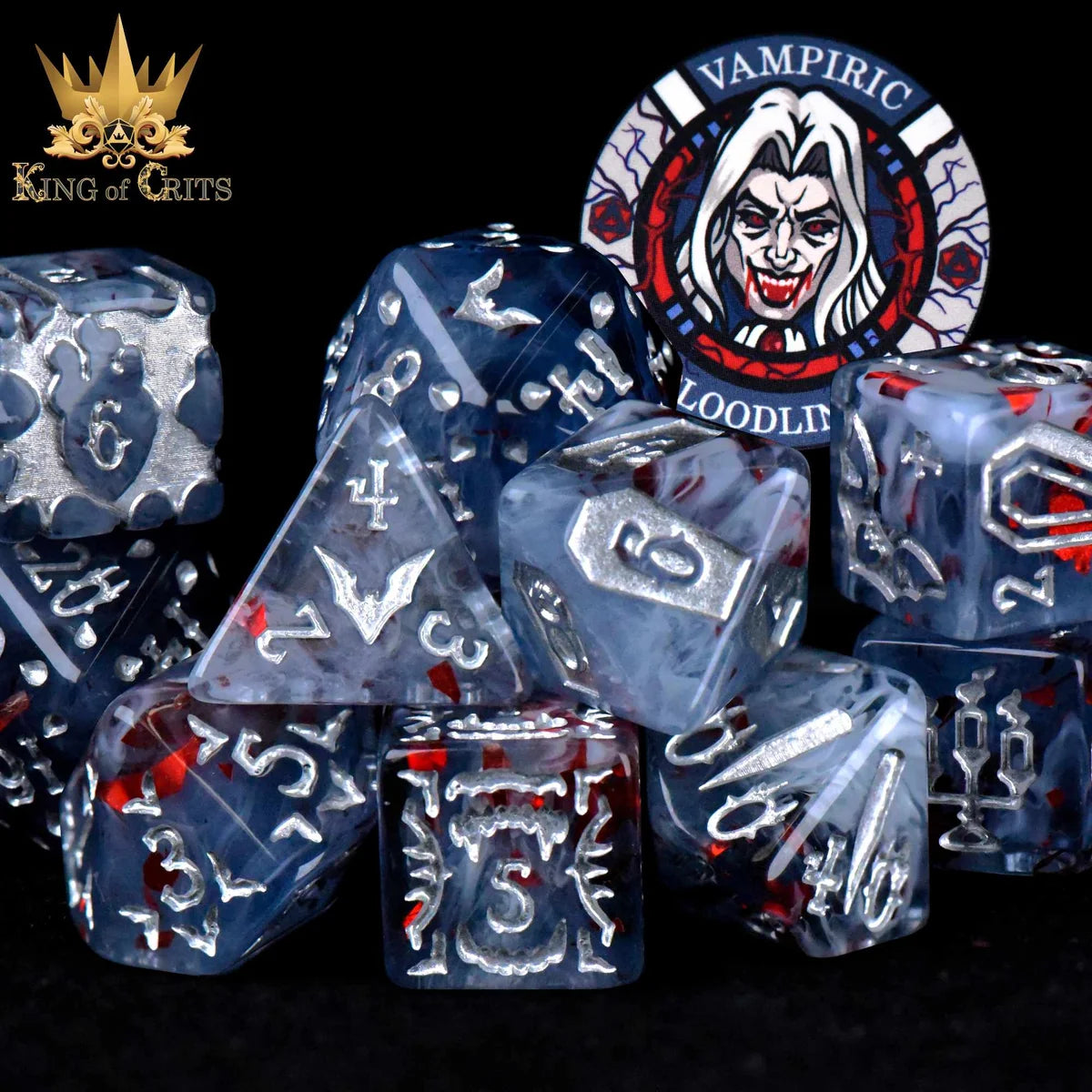 Vampiric Bloodline resin dice set in misty translucent resin with suspended bloody foil and gothic vampire artwork
