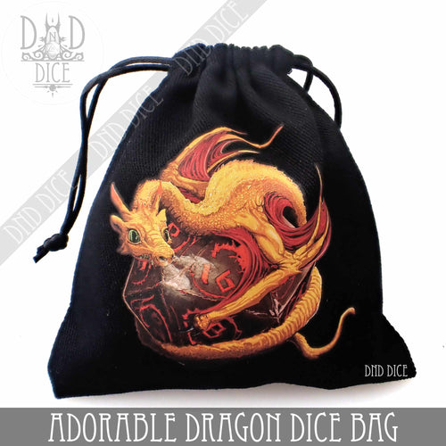 Q-Workshop Adorable Dragon dice bag in black cotton with a golden dragon curled around a red D20