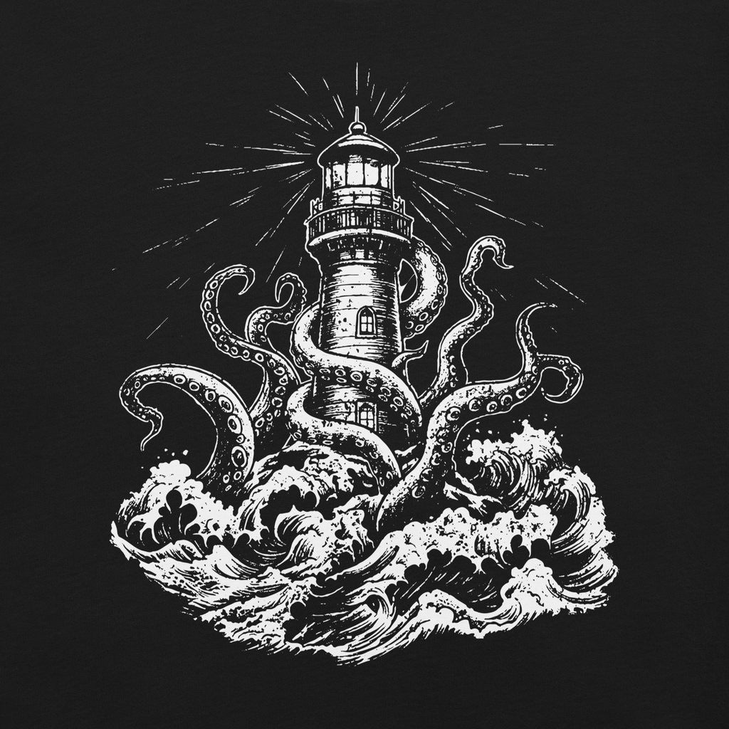 Printful supplier artwork detail mockup of Beacon of the Deep on the original black T-shirt.