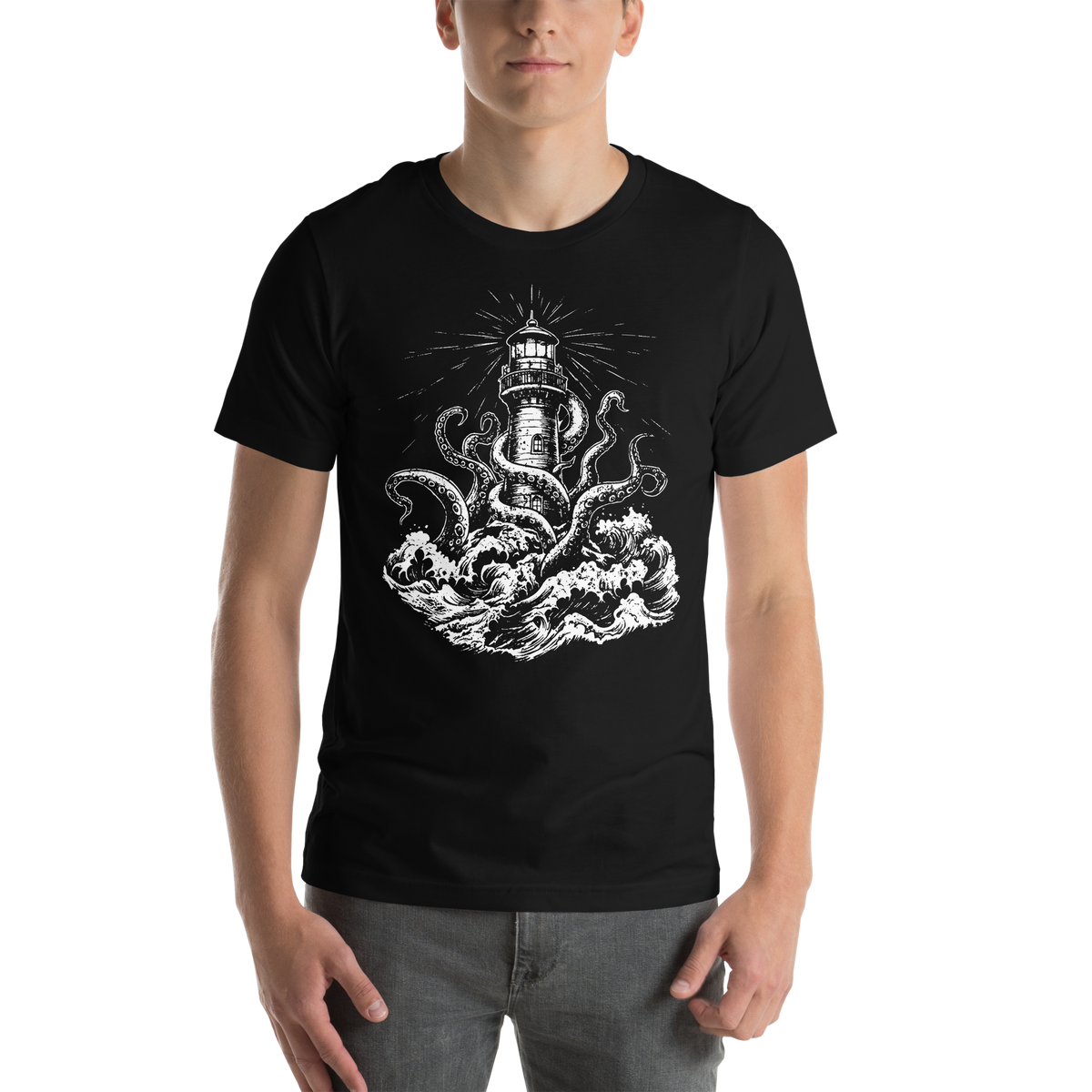 Printful supplier on-body mockup of Beacon of the Deep on the original black T-shirt.