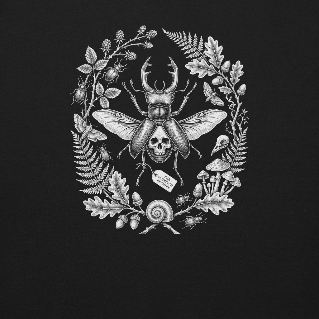 Printful supplier detail mockup of the original Beetle of the Barrow artwork on black sweatshirt fabric.