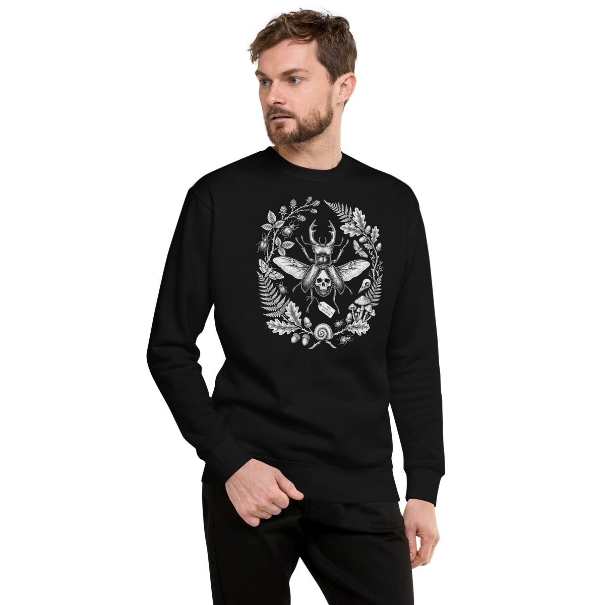 Printful supplier mockup of the black Beetle of the Barrow sweatshirt on a model.