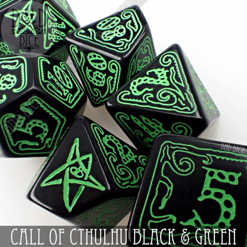 Call of Cthulhu black and green Q-Workshop dice set, view 2
