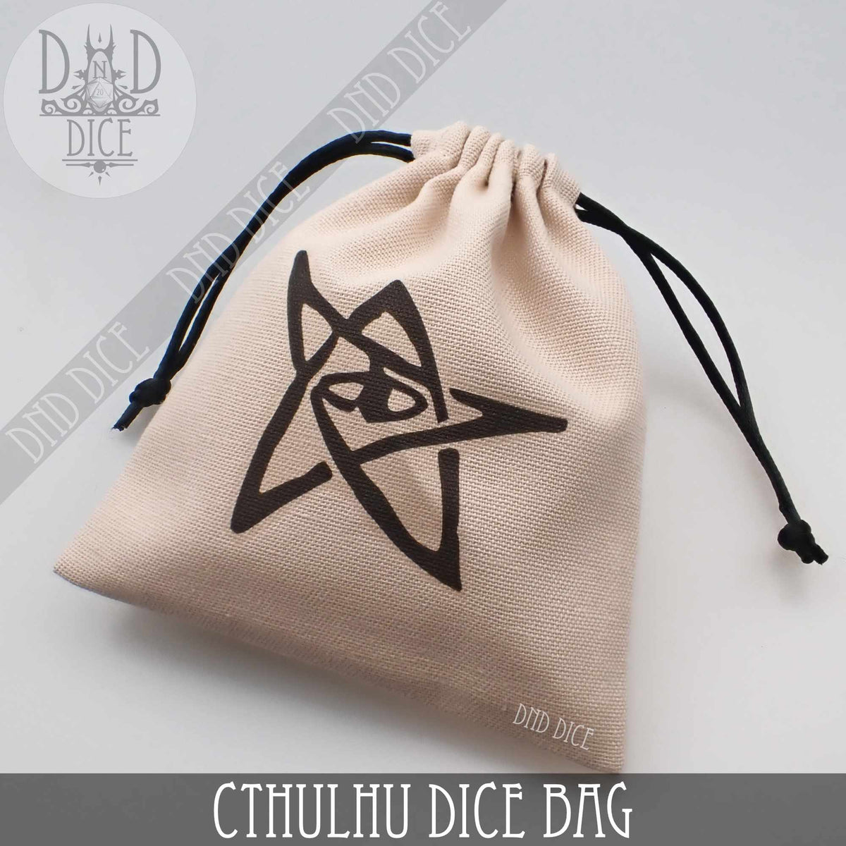 Q-Workshop Call of Cthulhu dice bag in beige cotton with a black Elder Sign print and black drawstrings