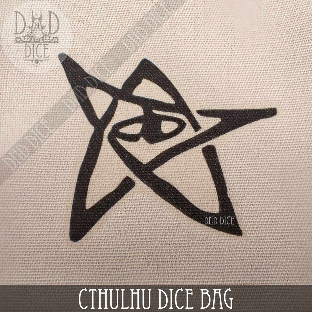 Close-up of the black Elder Sign print on the beige Call of Cthulhu dice bag