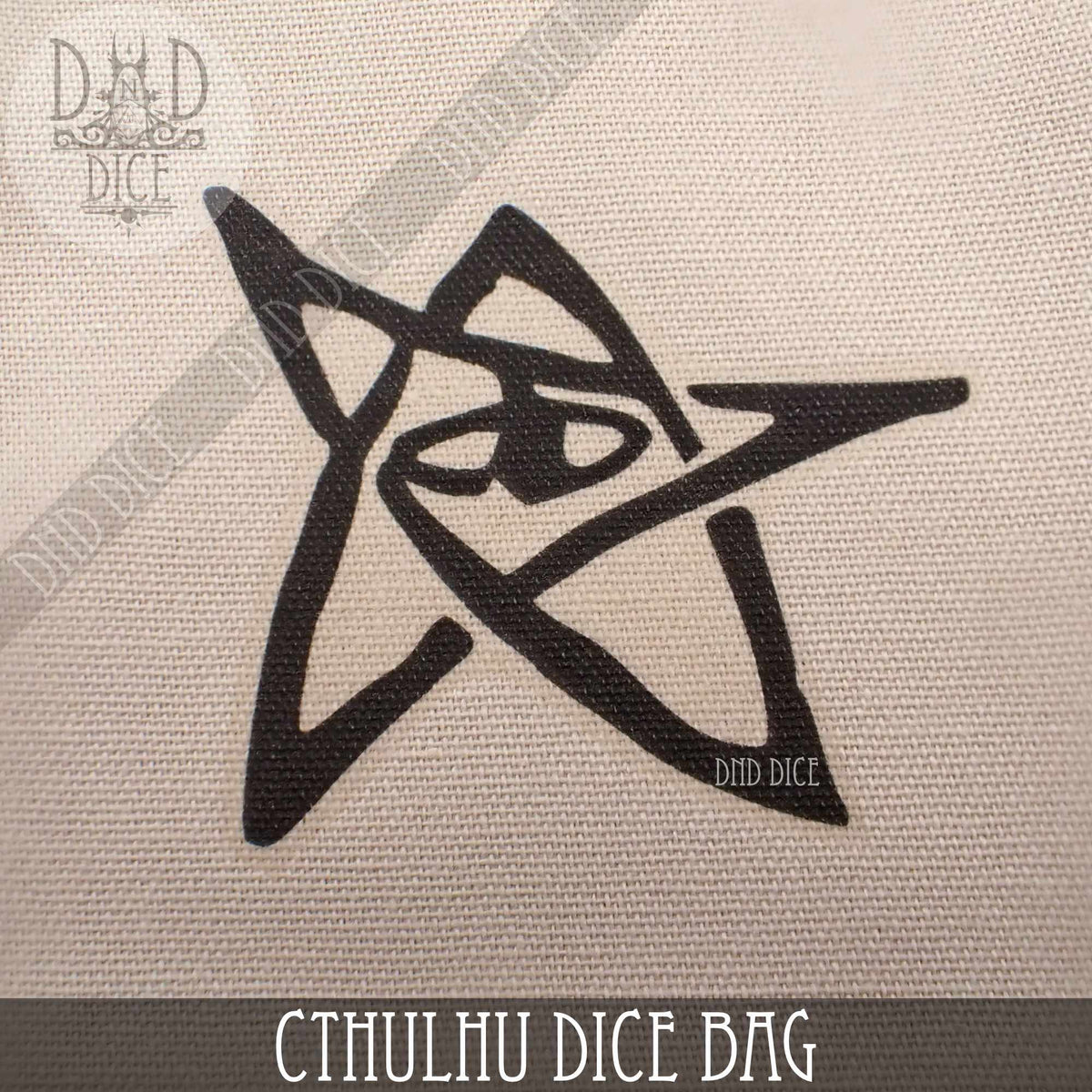 Close-up of the black Elder Sign print on the beige Call of Cthulhu dice bag