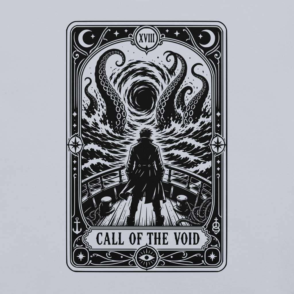 Call of the Void light blue t-shirt, original Printful artwork detail