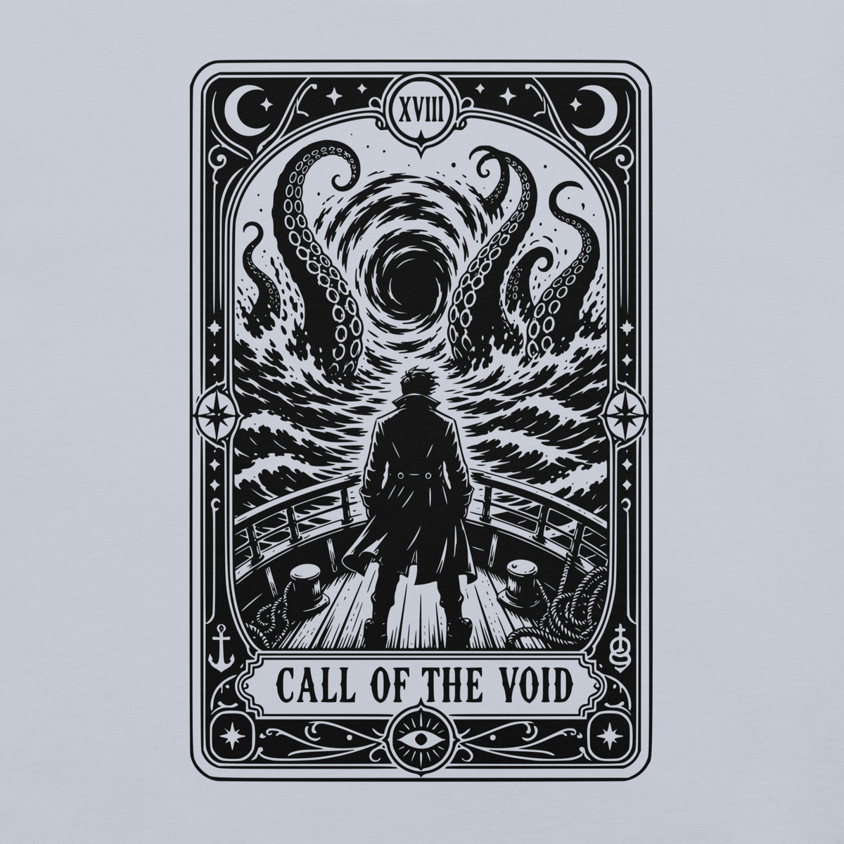 Call of the Void light blue t-shirt, original Printful artwork detail