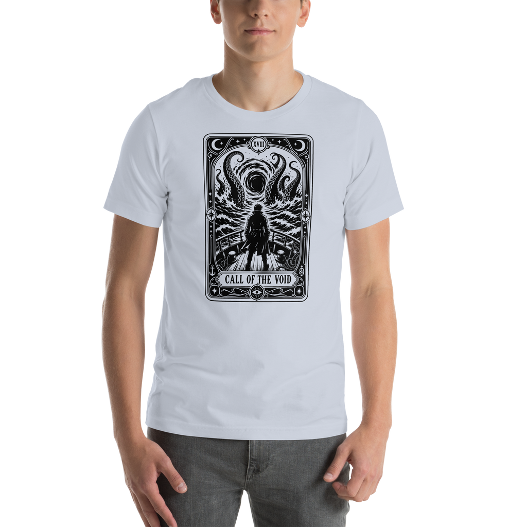 Call of the Void light blue t-shirt, original Printful front on-body view
