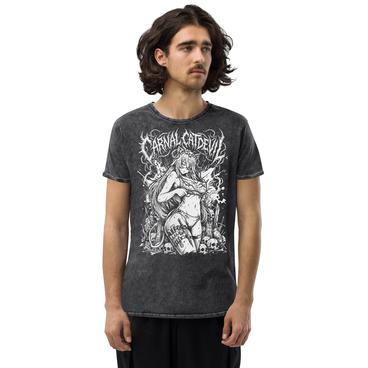 Carnal Cat Devil denim T-shirt in black, original Printful front view worn by a model