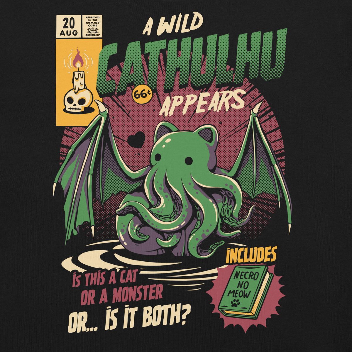 Cathulhu black unisex T-shirt, original Printful artwork-detail view
