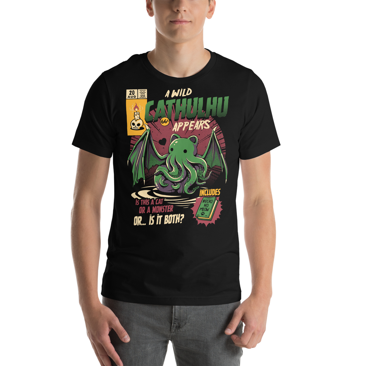 Cathulhu black unisex T-shirt, original Printful on-body view