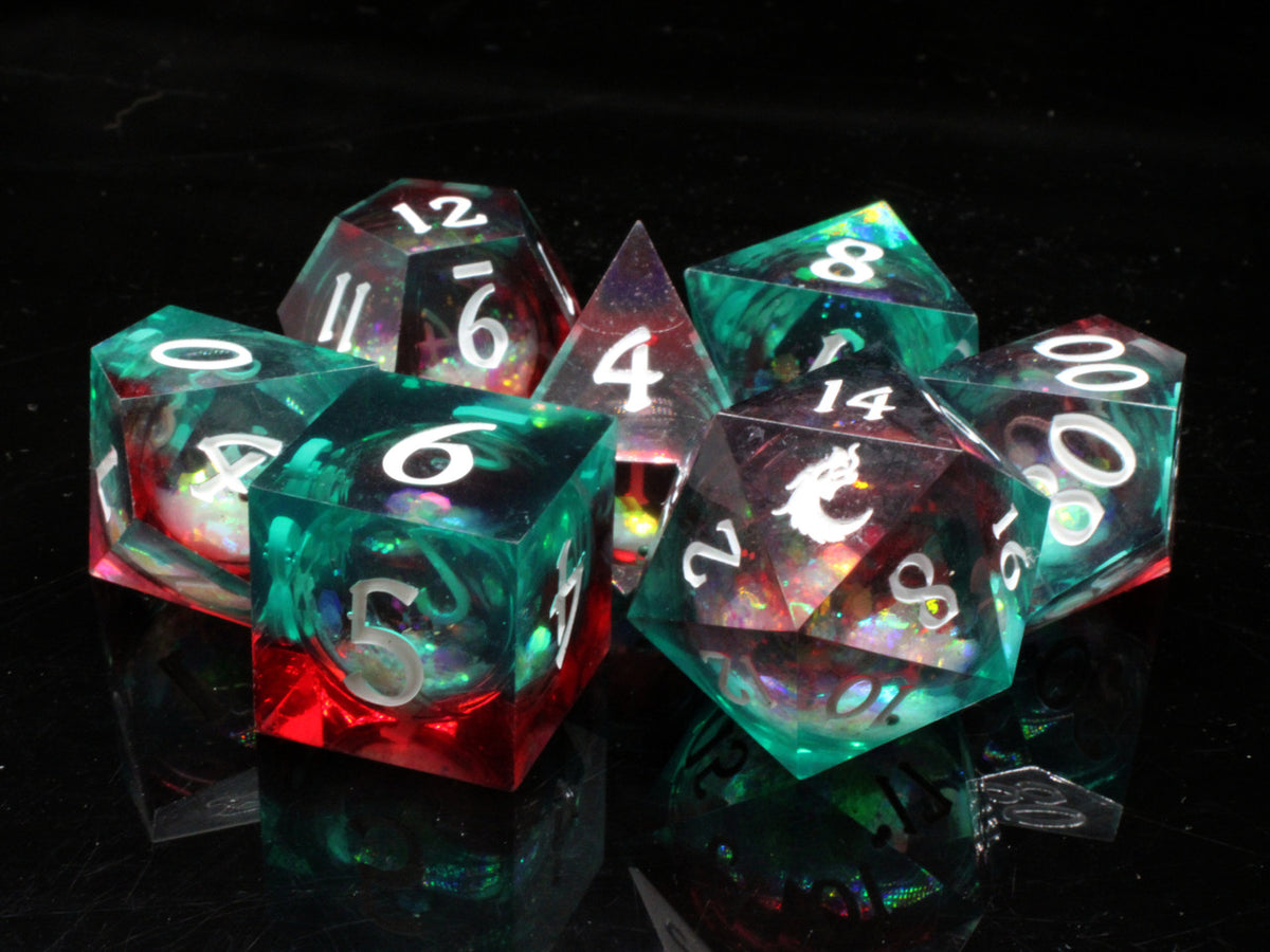 Sharp Edged 7-Piece Dice Set - Liquid Infused - Christmas Fury