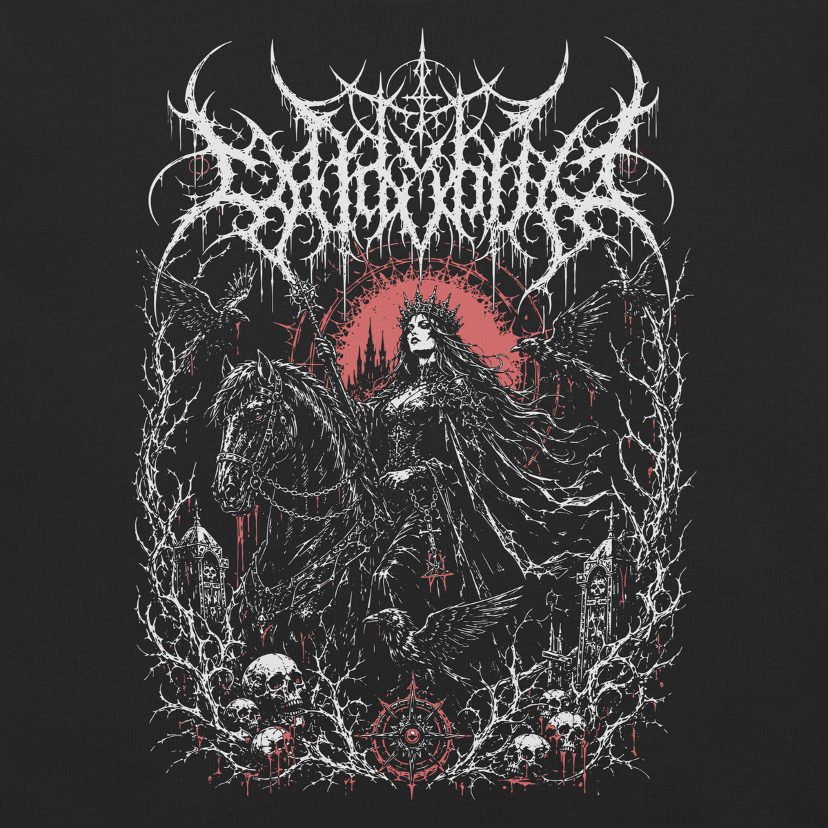 Crowned Sorceress black heavyweight T-shirt, original Printful artwork-detail view